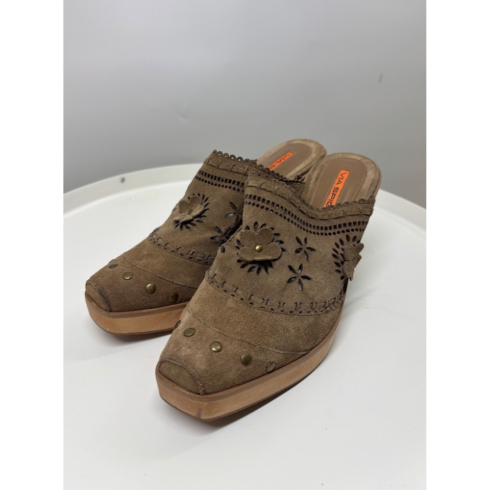 Vintage Y2K Via Spiga Brown Tan Suede Floral Cutout Wooden Platform Mules Clog 7